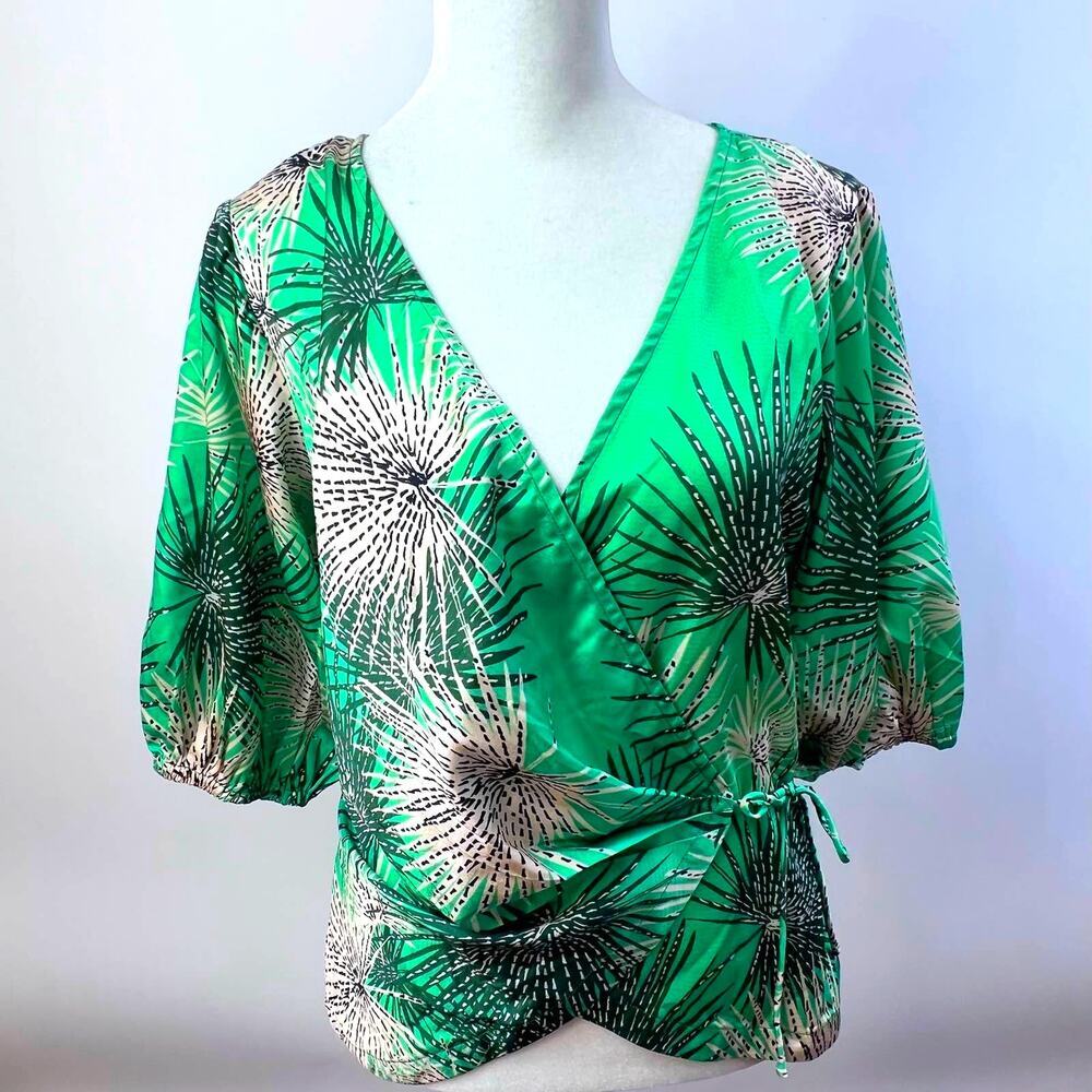 Cooper St Green Tropical Palm Leaf Wrap Top V-Neck Puff Sleeve Blouse Size 4